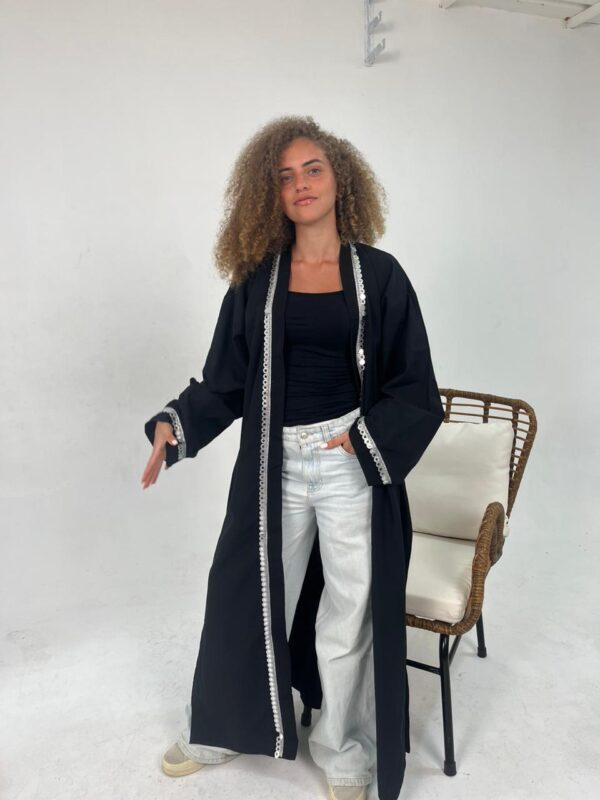 Long Black Linen-Blend Cardigan with Handcrafted Sa’idi Tally Embroidery in Silver Thread | Up to 2XL - Image 3
