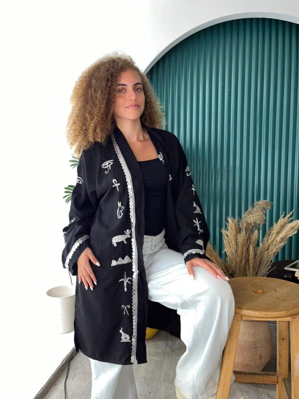 Handmade Spanish Linen Cardigan with Pharaonic Embroidery – Black – Size XL - Image 2