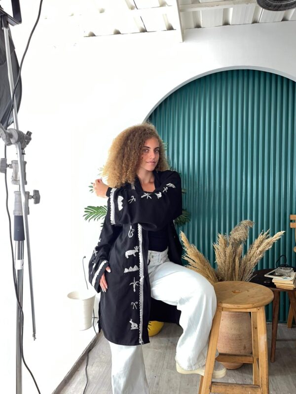 Handmade Spanish Linen Cardigan with Pharaonic Embroidery – Black – Size XL - Image 3