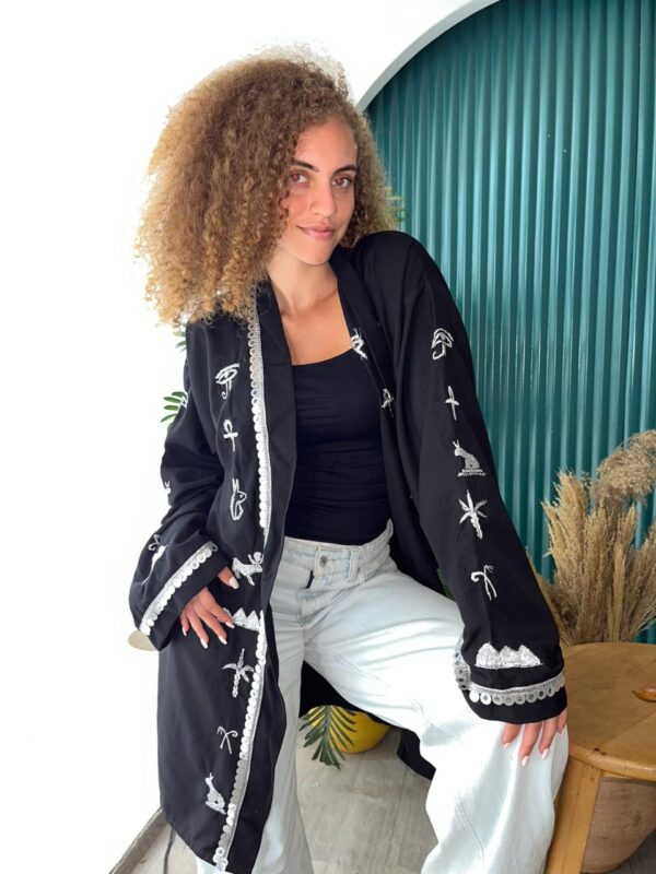 Handmade Spanish Linen Cardigan with Pharaonic Embroidery – Black – Size XL - Image 4