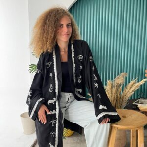 Handmade Spanish Linen Cardigan with Pharaonic Embroidery – Black – Size XL