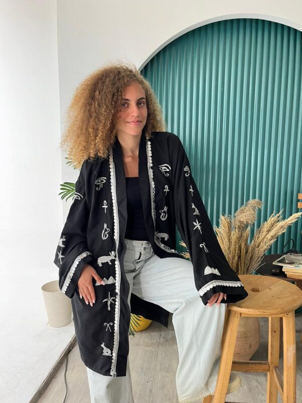 Handmade Spanish Linen Cardigan with Pharaonic Embroidery – Black – Size XL
