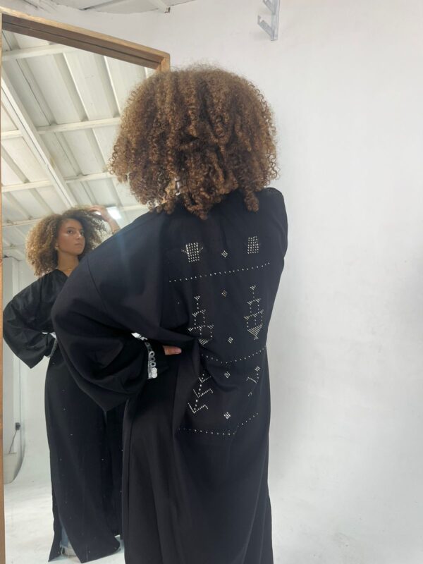 Long Black Linen-Blend Cardigan with Handcrafted Sa’idi Tally Embroidery in Silver Thread | Up to 2XL - Image 2