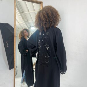 Long Black Linen-Blend Cardigan with Handcrafted Sa’idi Tally Embroidery in Silver Thread | Up to 2XL