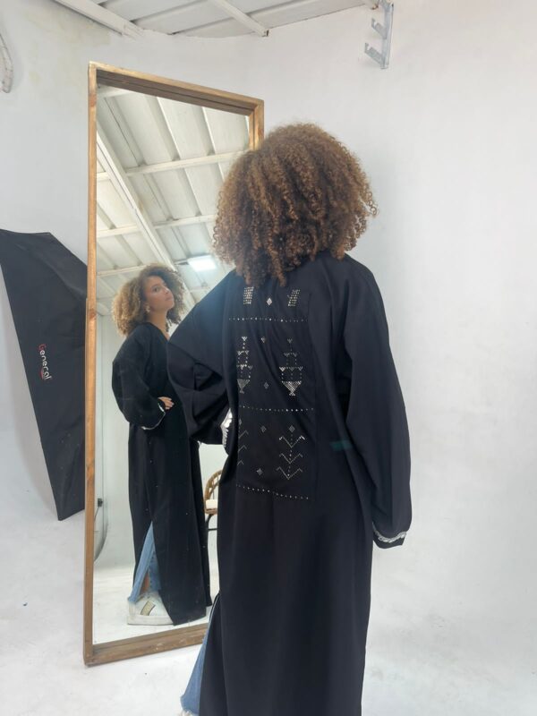 Long Black Linen-Blend Cardigan with Handcrafted Sa’idi Tally Embroidery in Silver Thread | Up to 2XL