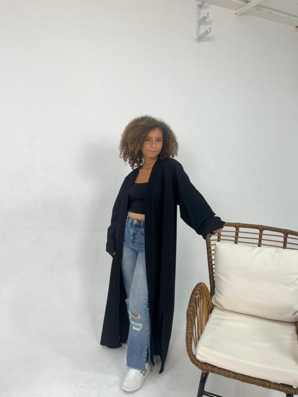 Long Black Linen-Blend Cardigan with Handcrafted Sa’idi Tally Embroidery in Silver Thread | Up to 2XL - Image 4