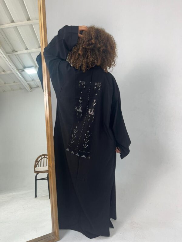 Long Black Linen-Blend Cardigan with Handcrafted Sa’idi Tally Embroidery in Silver Thread | Up to 2XL - Image 3