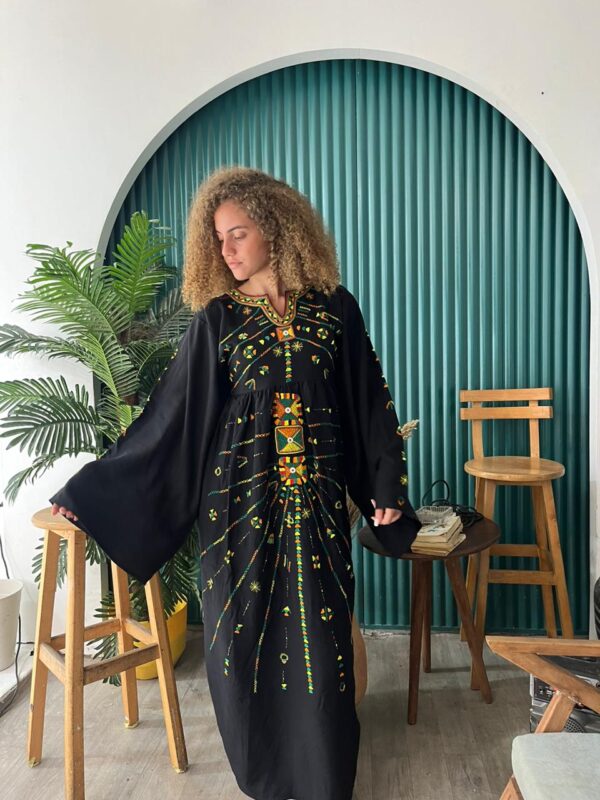 Black Spanish Linen Abaya with Hand Embroidery by Siwa Artisans | Nature-Inspired | Free Size up to 3XL - Image 2