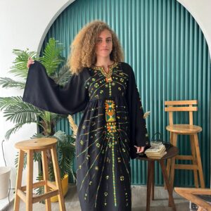 Black Spanish Linen Abaya with Hand Embroidery by Siwa Artisans | Nature-Inspired | Free Size up to 3XL