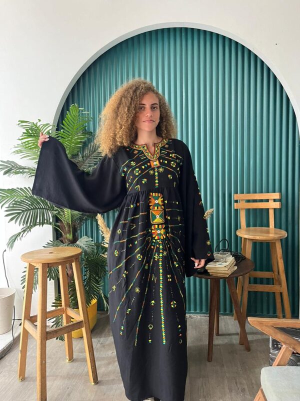 Black Spanish Linen Abaya with Hand Embroidery by Siwa Artisans | Nature-Inspired | Free Size up to 3XL
