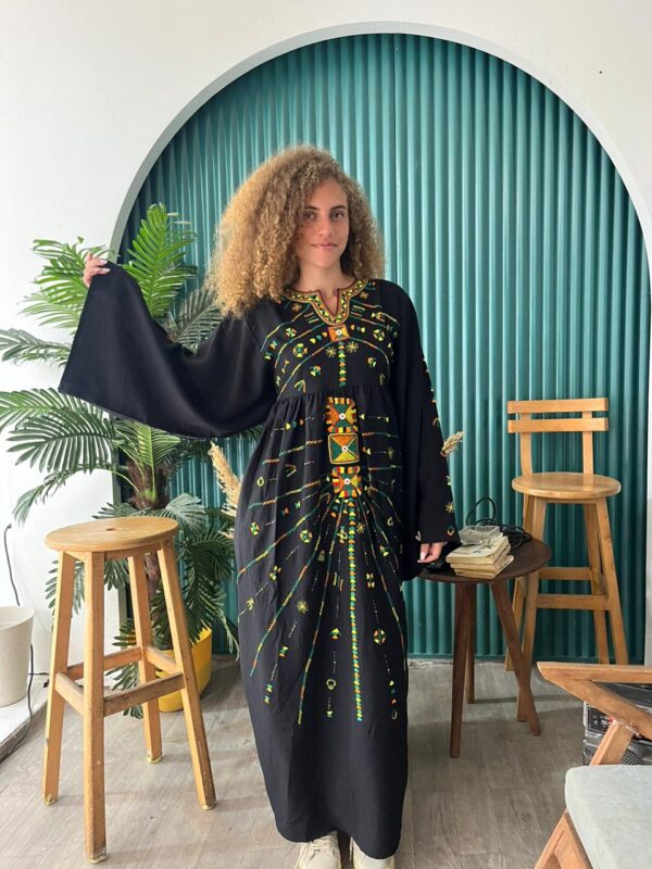 Black Spanish Linen Abaya with Hand Embroidery by Siwa Artisans | Nature-Inspired | Free Size up to 3XL - Image 3