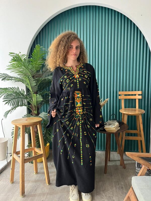 Black Spanish Linen Abaya with Hand Embroidery by Siwa Artisans | Nature-Inspired | Free Size up to 3XL - Image 4