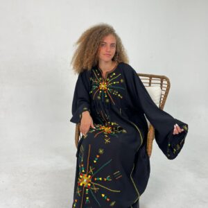Black Spanish Linen Abaya with Hand Embroidery by Siwa Artisans | Nature-Inspired | Free Size up to 3XL