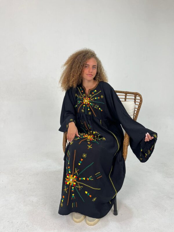 Black Spanish Linen Abaya with Hand Embroidery by Siwa Artisans | Nature-Inspired | Free Size up to 3XL