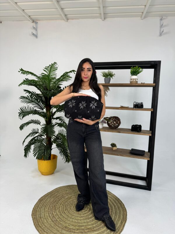 Black Tally Clutch Hand-Embroidered with Silver-Coated Threads | Sohag Artisans | 40x24 cm