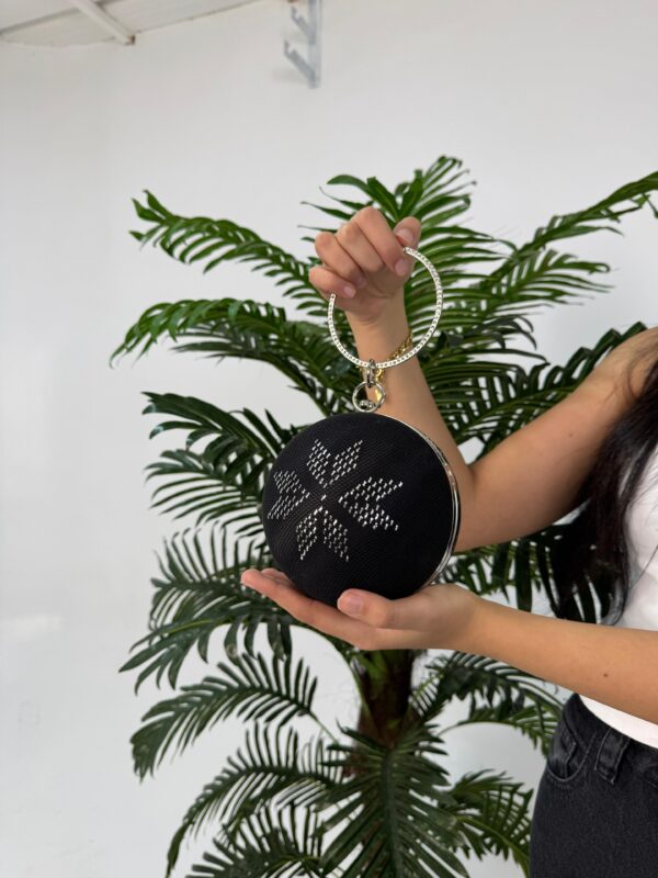 Black Handcrafted Round Tally Clutch Bag with Dual-Sided Silver-Coated Thread Embroidery | 14 cm Diameter - Image 2