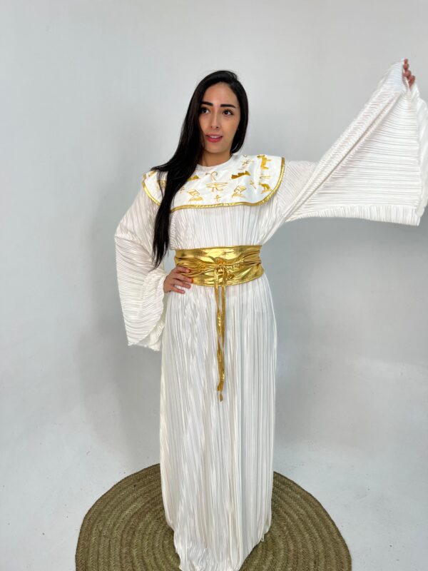 White Pleated Dress with Hand Embroidery Inspired by Ancient Egyptian Motifs | Fits up to 2XL