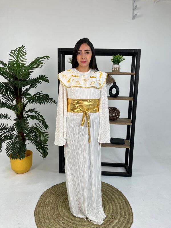 White Pleated Dress with Hand Embroidery Inspired by Ancient Egyptian Motifs | Fits up to 2XL - Image 3