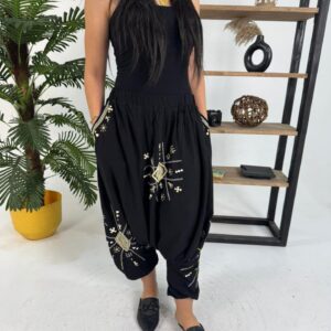 Hand-Embroidered  black Cotton Shirwal | Free Size up to 3XL | Made by Siwa Women | Desert-Inspired Motifs