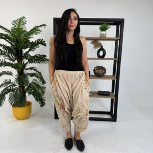 Hand-Embroidered  Beige linen* Cotton Shirwal | Free Size up to 3XL | Made by Siwa Women | Desert-Inspired Motifs