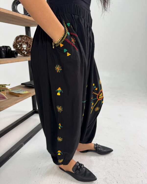 Hand-Embroidered  black Cotton Shirwal | Free Size up to 3XL | Made by Siwa Women | Desert-Inspired Motifs - Image 3