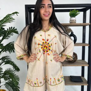 Hand-Embroidered Cotton-Linen Blouse – Siwa-Inspired Design | Free Size up to 3XL begie
