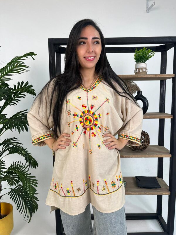 Hand-Embroidered Cotton-Linen Blouse – Siwa-Inspired Design | Free Size up to 3XL begie