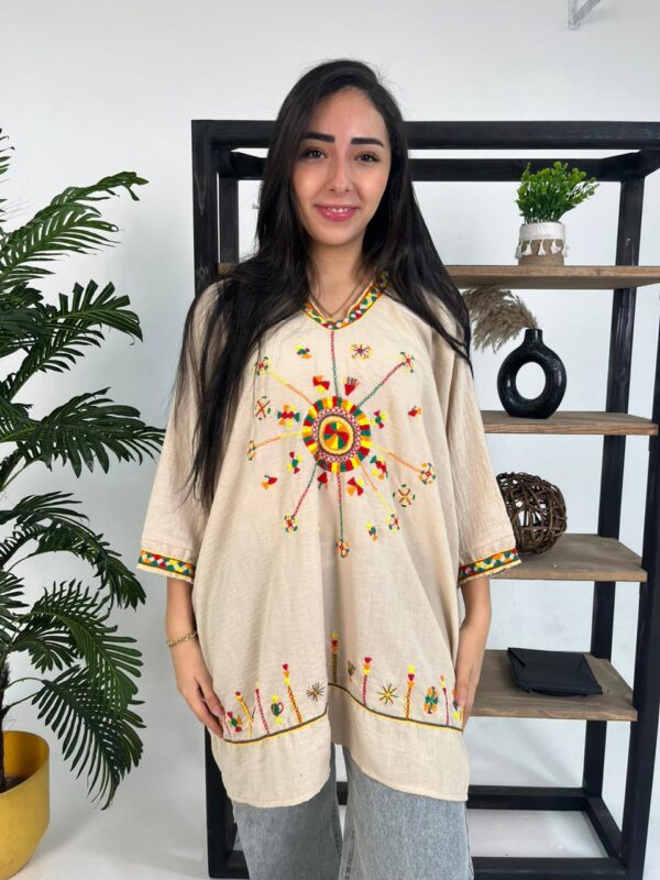 Hand-Embroidered Cotton-Linen Blouse – Siwa-Inspired Design | Free Size up to 3XL begie - Image 2