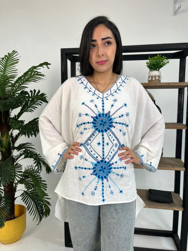 Hand-Embroidered Cotton-Linen Blouse – Siwa-Inspired Design | Free Size up to 3XL | White - Image 3