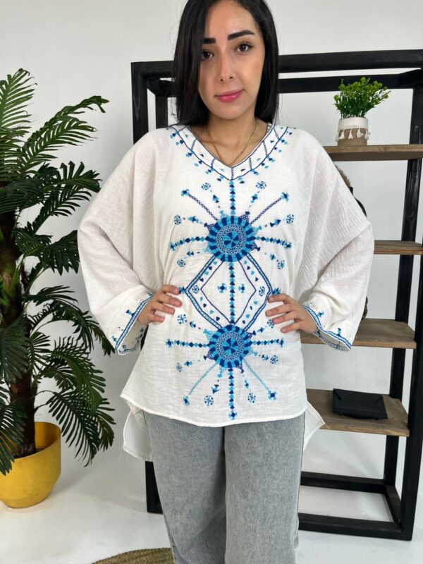 Hand-Embroidered Cotton-Linen Blouse – Siwa-Inspired Design | Free Size up to 3XL | White - Image 2