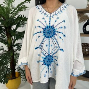 Hand-Embroidered Cotton-Linen Blouse – Siwa-Inspired Design | Free Size up to 3XL | White
