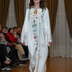 White Spanish Linen Abaya with Hand Embroidery by Siwa Artisans | Nature-Inspired | Free Size up to 3XL