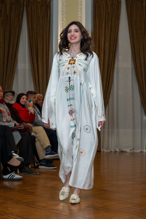 White Spanish Linen Abaya with Hand Embroidery by Siwa Artisans | Nature-Inspired | Free Size up to 3XL