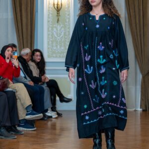 Hand-Embroidered Spanish Linen Abaya by St. Catherine Artisans | Desert Motifs | Free Size up to 3XL