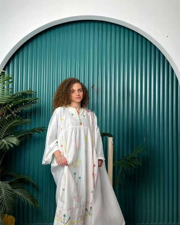 Hand-Embroidered Spanish Linen Abaya by St. Catherine Artisans | Desert Motifs | Free Size up to 3XL - Image 2