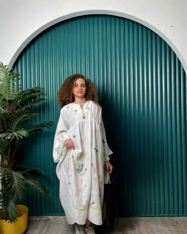 Hand-Embroidered Spanish Linen Abaya by St. Catherine Artisans | Desert Motifs | Free Size up to 3XL