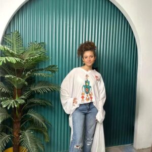 Hand-Painted Long-Sleeve High-Low Cotton Blouse Free size up to 2XL