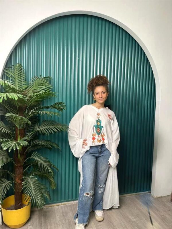 Hand-Painted Long-Sleeve High-Low Cotton Blouse Free size up to 2XL