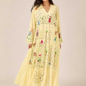 Light Yellow Viscose Dress | Hand-Embroidered by Sohag Women with Village-Inspired Motifs | Size 2XL