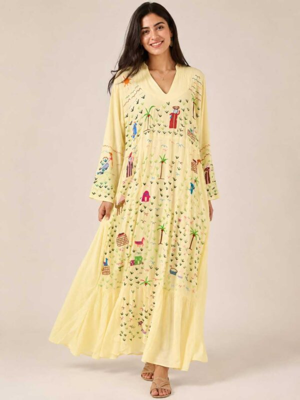 Light Yellow Viscose Dress | Hand-Embroidered by Sohag Women with Village-Inspired Motifs | Size 2XL