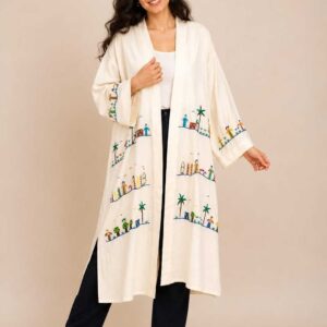 Hand-Embroidered butter yellow Long Cotton Cardigan – Egyptian Village-Inspired 2XL