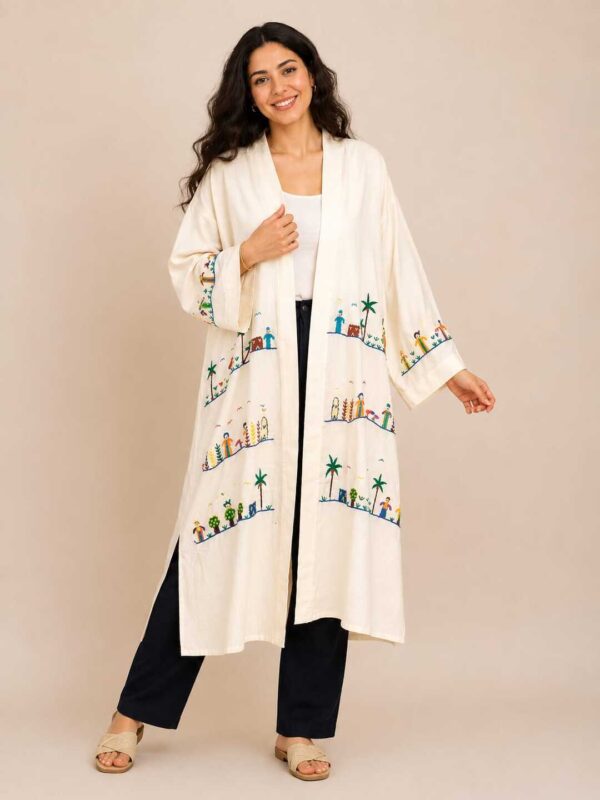 Hand-Embroidered butter yellow Long Cotton Cardigan – Egyptian Village-Inspired 2XL