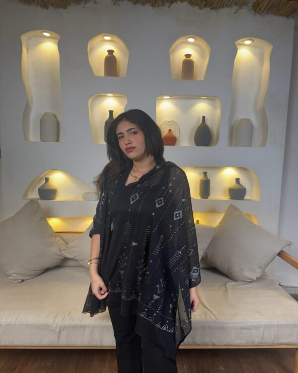 Hand-Embroidered Black Tulle Shawl with Silver-plated Threads | Sohag Women's Craft | 200x90 cm - Image 3