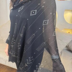 Hand-Embroidered Black Tulle Shawl with Silver-plated Threads | Sohag Women's Craft | 200x90 cm