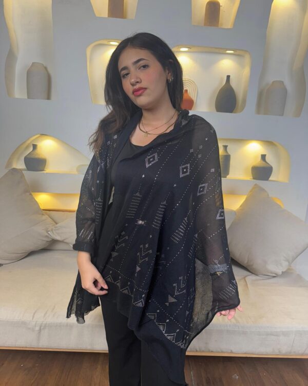 Hand-Embroidered Black Tulle Shawl with Silver-plated Threads | Sohag Women's Craft | 200x90 cm - Image 2