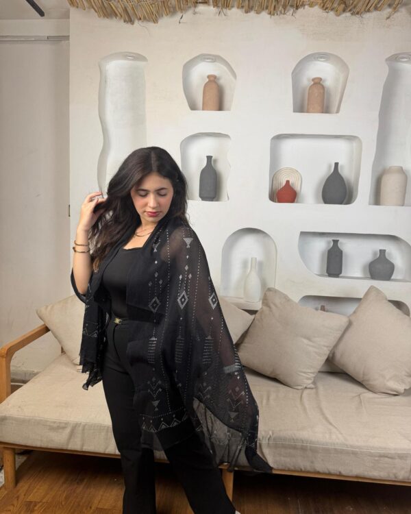 Hand-Embroidered Black Tulle Shawl with Silver-plated Threads | Sohag Women's Craft | 200x90 cm - Image 4