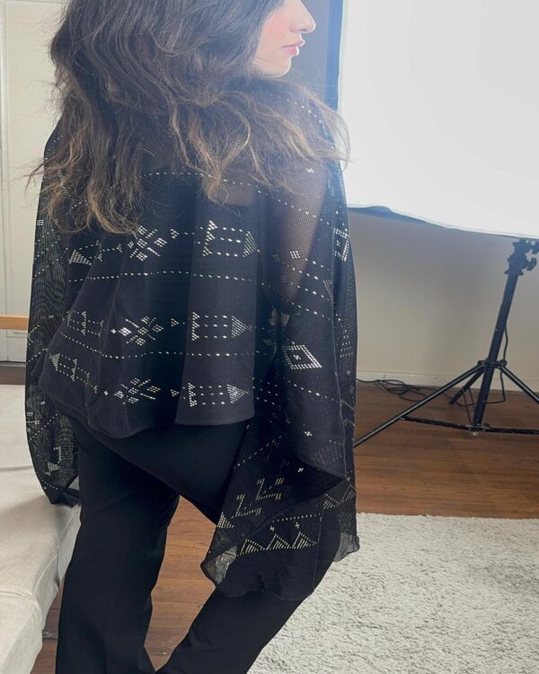 Hand-Embroidered Black Tulle Shawl with Silver-plated Threads | Sohag Women's Craft | 200x90 cm - Image 6