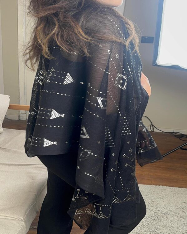 Hand-Embroidered Black Tulle Shawl with Silver-plated Threads | Sohag Women's Craft | 200x90 cm - Image 5