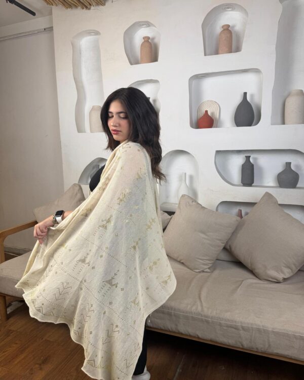Hand-Embroidered beige Tally Shawl with gold-plated Threads | Sohag Women's Craft | 200x90 cm - Image 7
