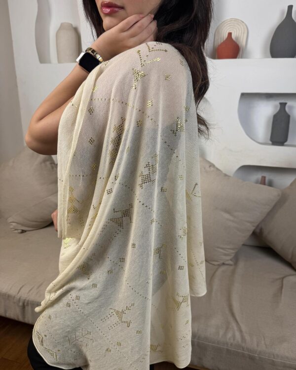 Hand-Embroidered beige Tally Shawl with gold-plated Threads | Sohag Women's Craft | 200x90 cm - Image 5